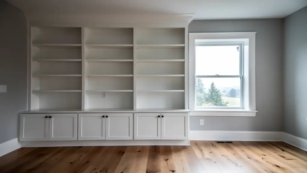 Painted built-in bookshelves with crown molding and new window trim