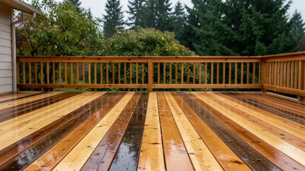 A cedar deck wet with rain, fresh boards set among weathered ones