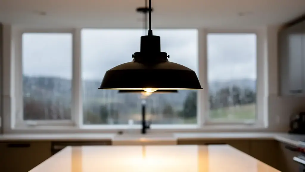 A black metal pendant light glowing over a kitchen island on a rainy day