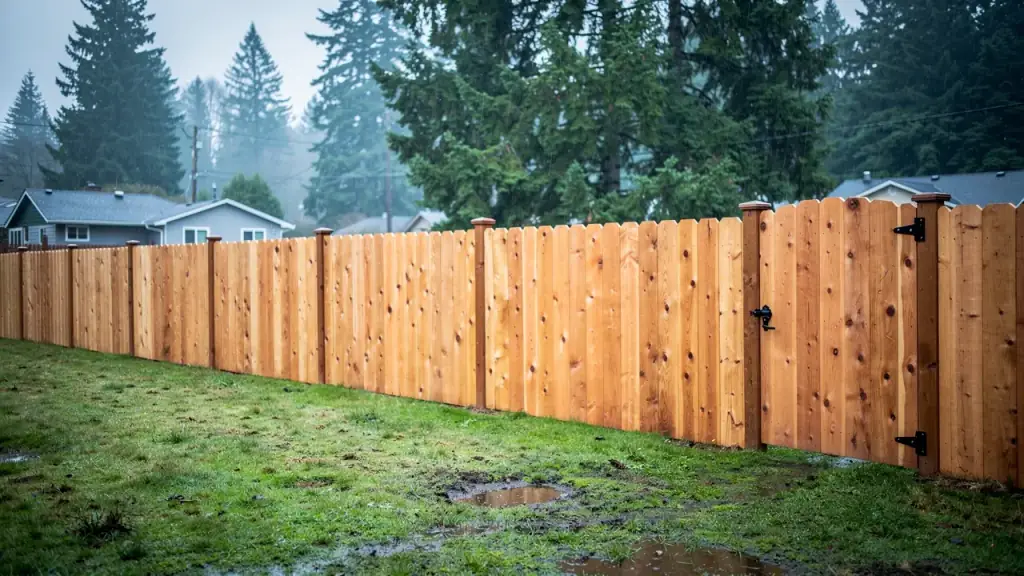 A new cedar privacy fence with a black-hardware gate along a wet backyard