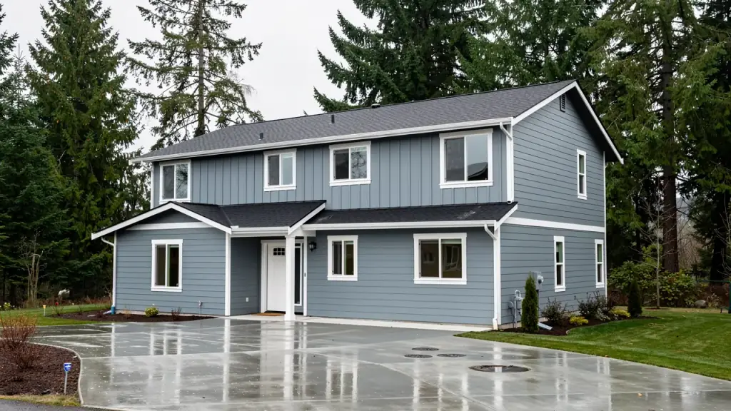 A two-storey house freshly painted blue-grey with crisp white trim after rain