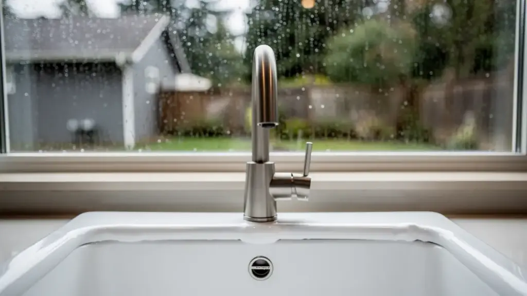 A new brushed-nickel kitchen faucet on a white sink below a rain-streaked window