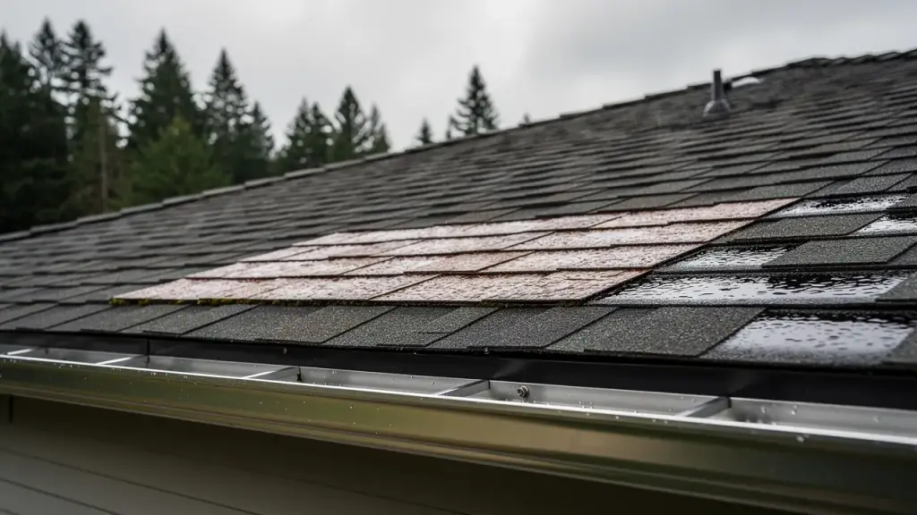 A shingle roof with a patch of new shingles and a new gutter, wet from rain