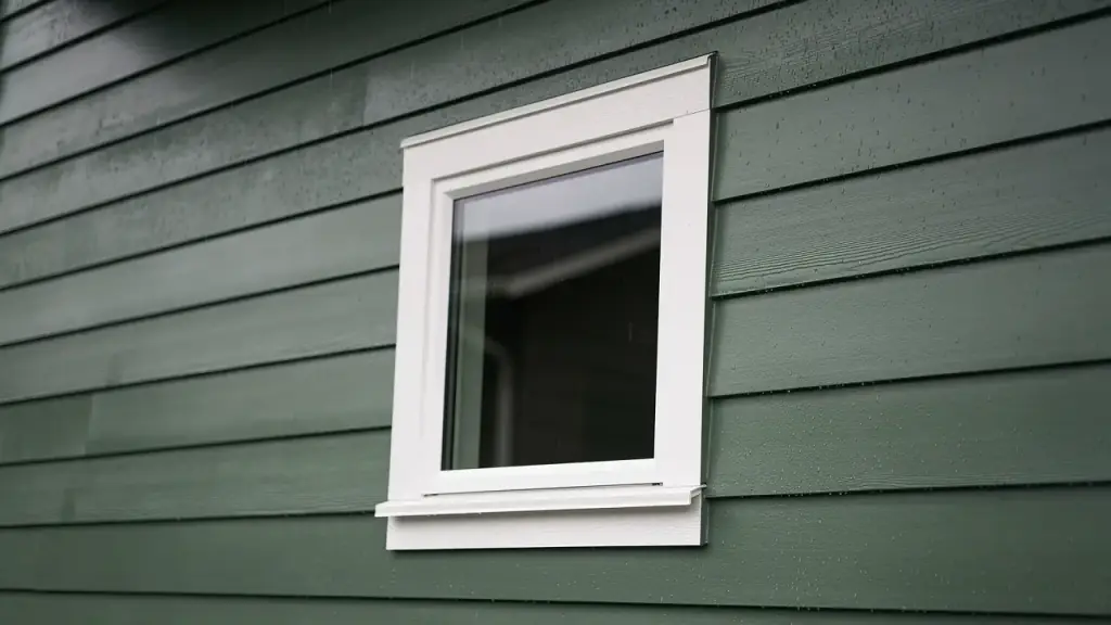 New sage-green lap siding and white window trim on a rain-wet wall